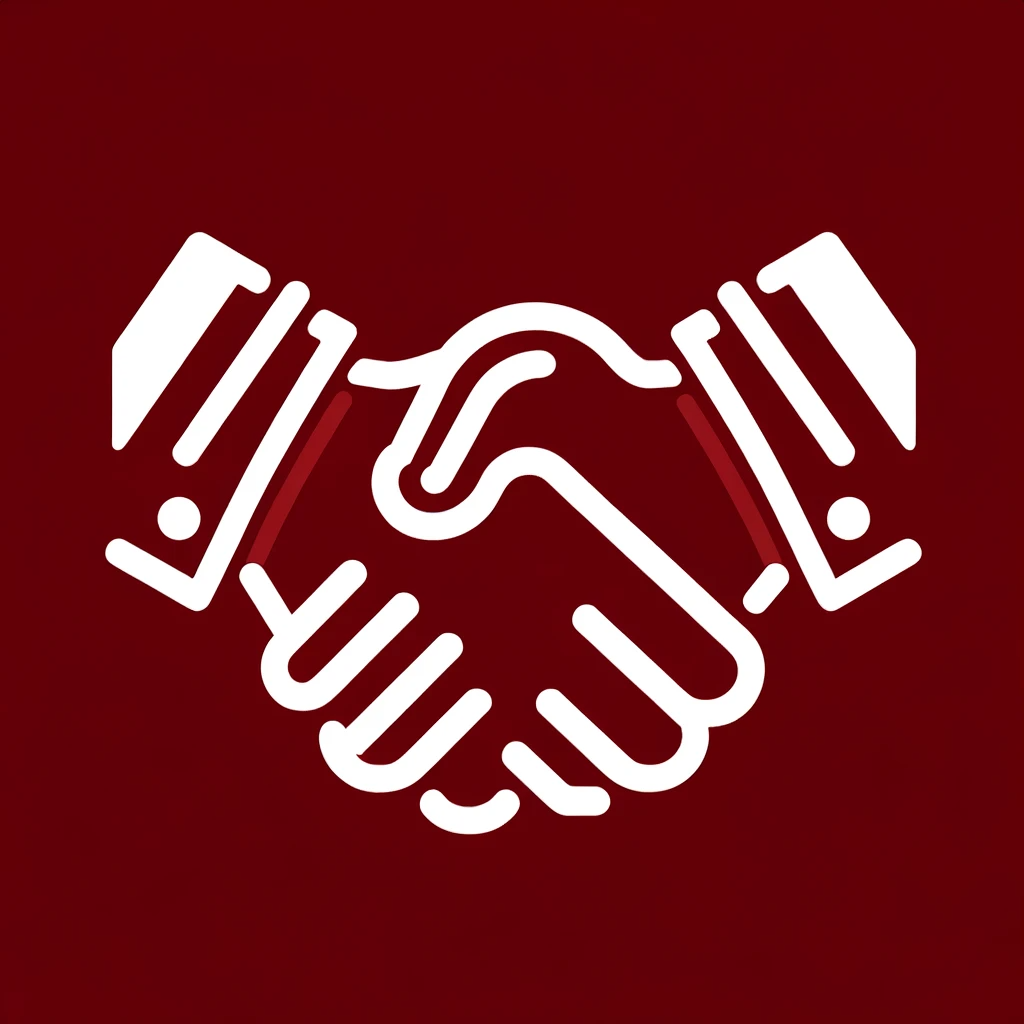 DALL·E 2023-12-13 11.42.09 – A minimalist icon depicting two hands engaged in a firm handshake. The design should be outlined in white against a deep red background. The hands sho