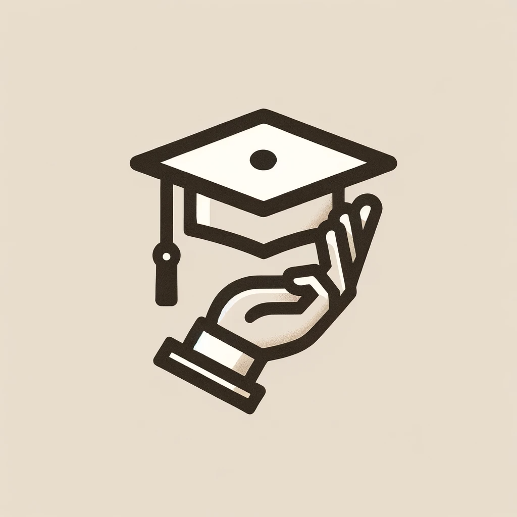 DALL·E 2023-12-13 13.03.10 – A minimalist icon depicting a hand holding an angled square academic cap, also known as a mortarboard, outlined in a light beige color against a muted